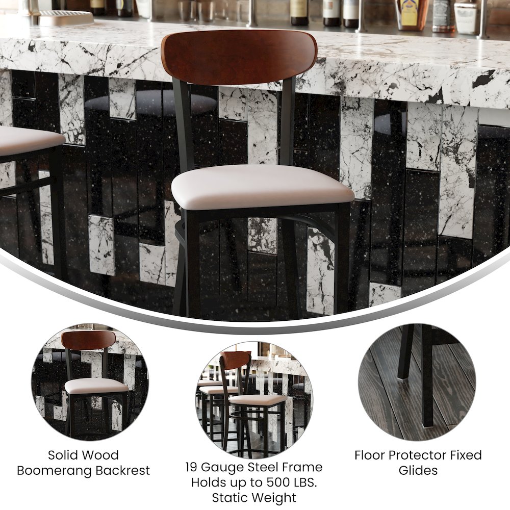 Commercial Bar Stool with Vinyl Upholstered Seat and Wood Boomerang Back