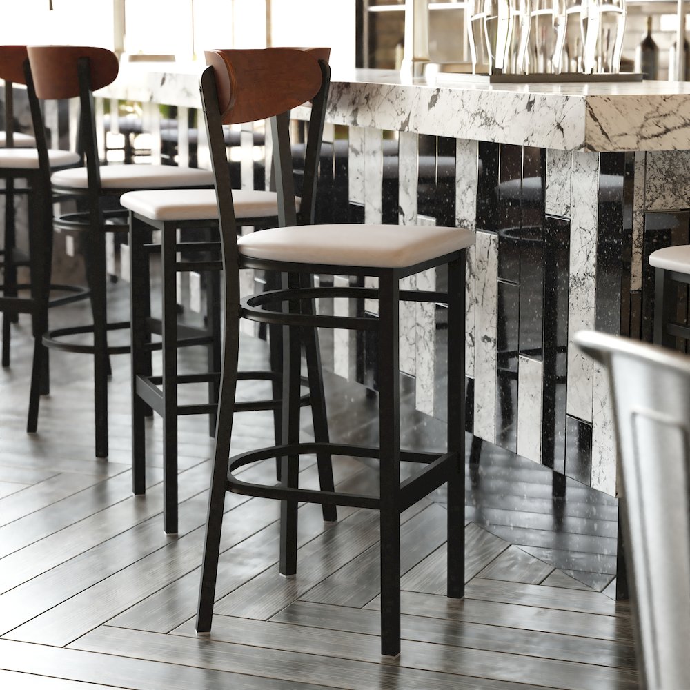 Commercial Bar Stool with Vinyl Upholstered Seat and Wood Boomerang Back