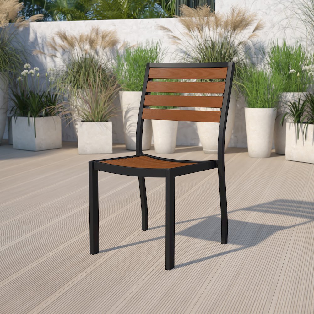 Outdoor Stackable Side Chair with Faux Teak Poly Slats