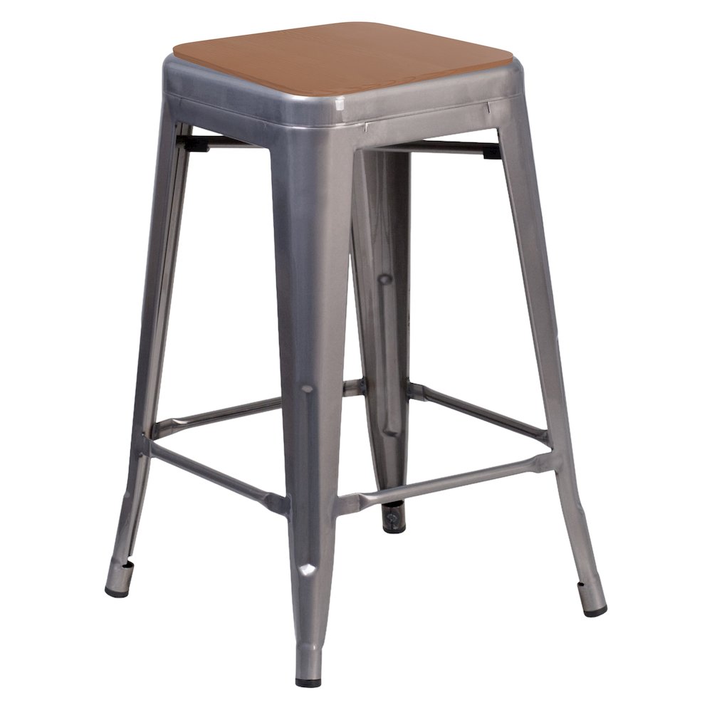 24″ Silver Antique Finish with Clear Coat Metal Backless Counter Height Stool