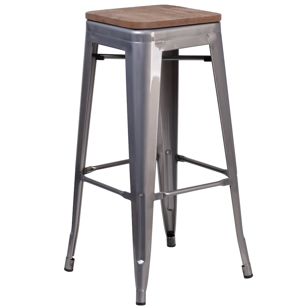 30″ High Backless Clear Coated Metal Barstool with Square Wood Seat