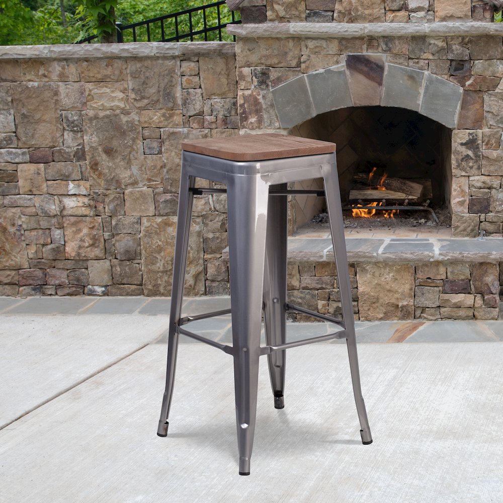 30″ High Backless Clear Coated Metal Barstool with Square Wood Seat