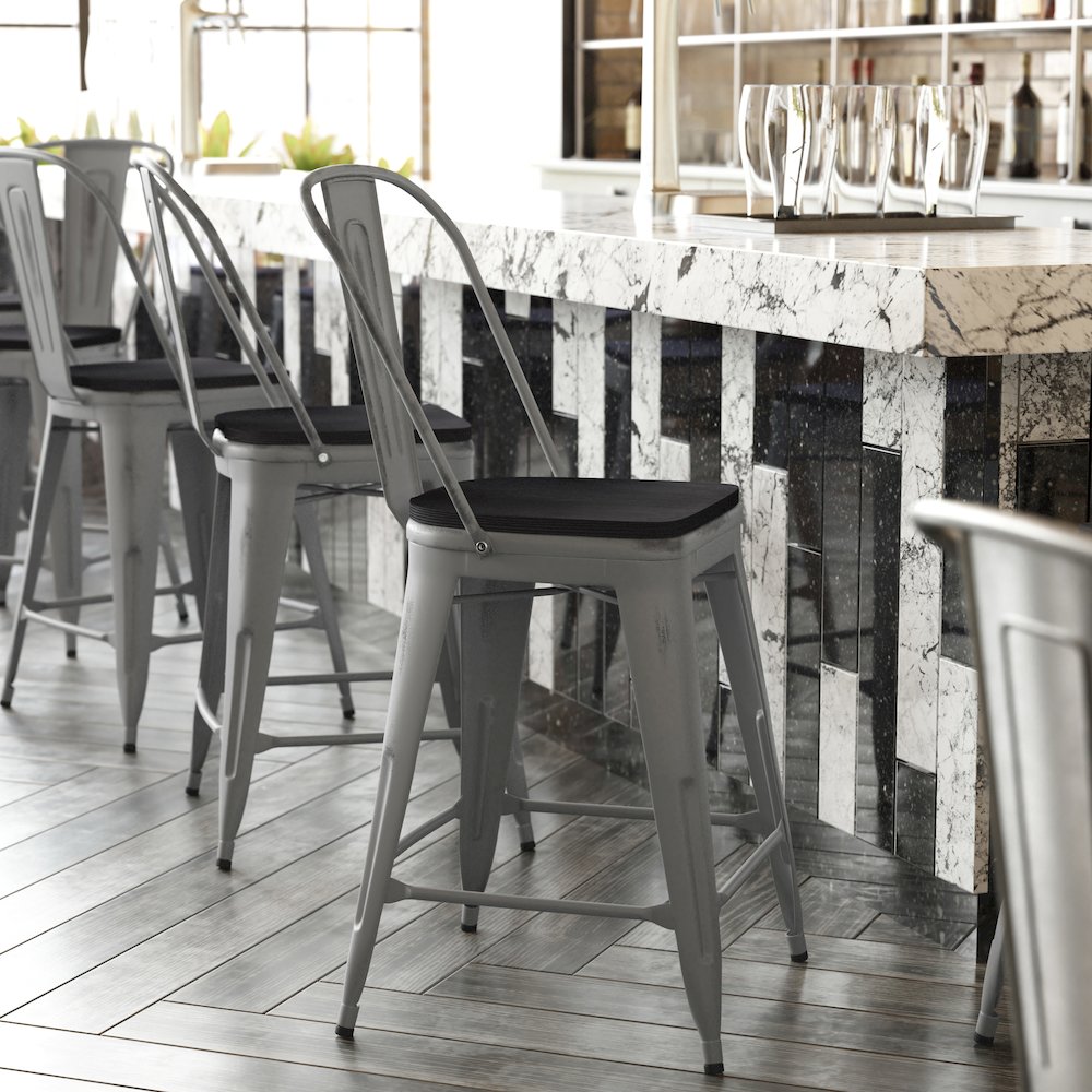 24” High Clear Coated Counter Height Stool and Black Poly Resin Wood Seat