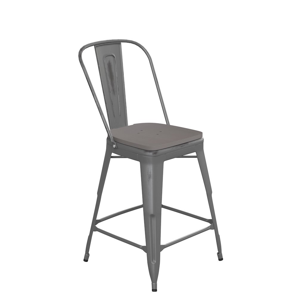 24” High Clear Coated Indoor Counter Height Stool and Gray Poly Resin Wood Seat