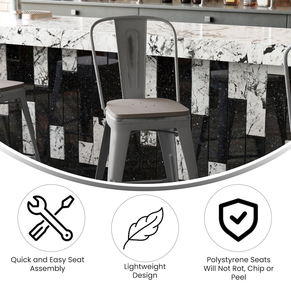 24” High Clear Coated Indoor Counter Height Stool and Gray Poly Resin Wood Seat
