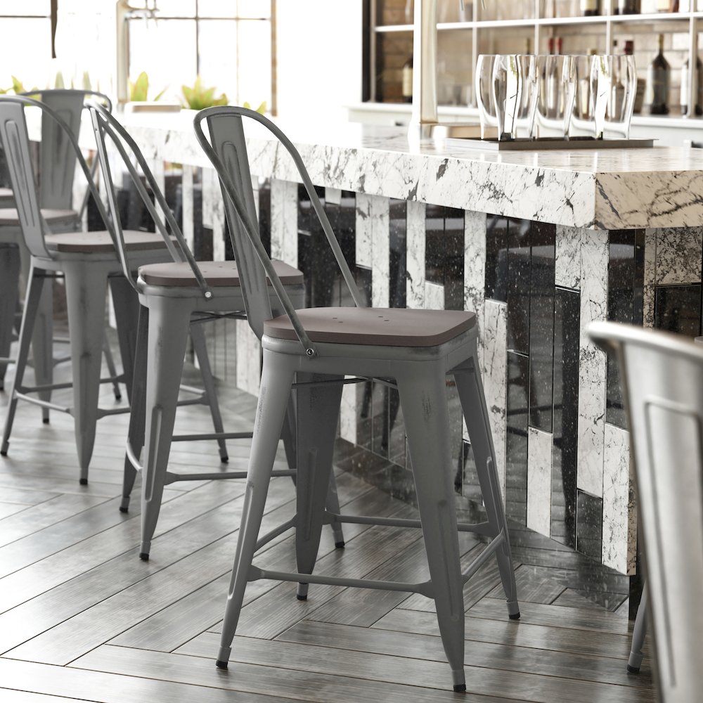 24” High Clear Coated Indoor Counter Height Stool and Gray Poly Resin Wood Seat