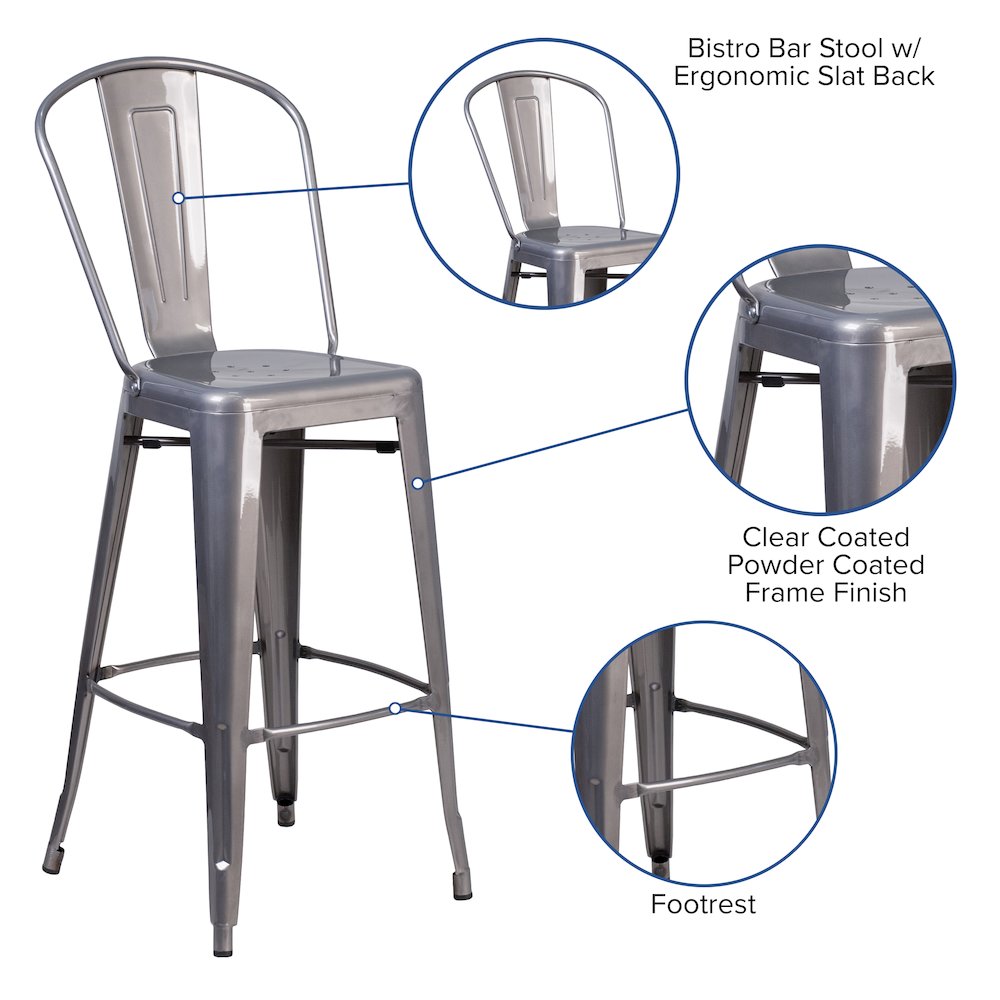 30” High Clear Coated Indoor Barstool with Back