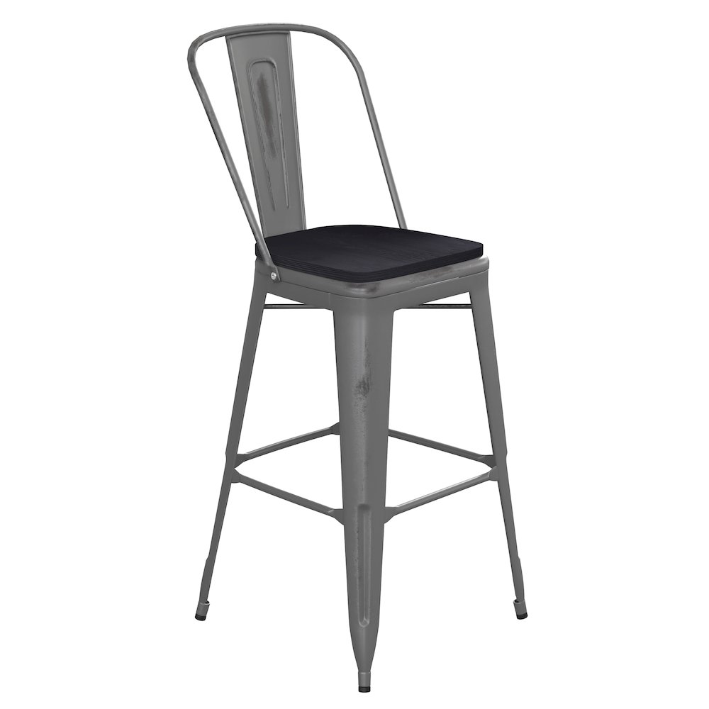 30” High Clear Coated Indoor Barstool with Back and Black Poly Resin Wood Seat