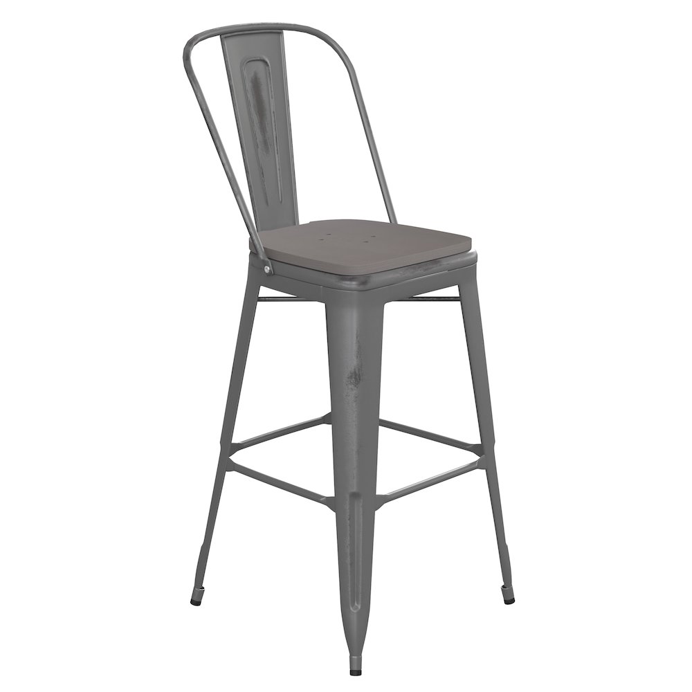 30” High Clear Coated Indoor Barstool with Back and Gray Poly Resin Wood Seat