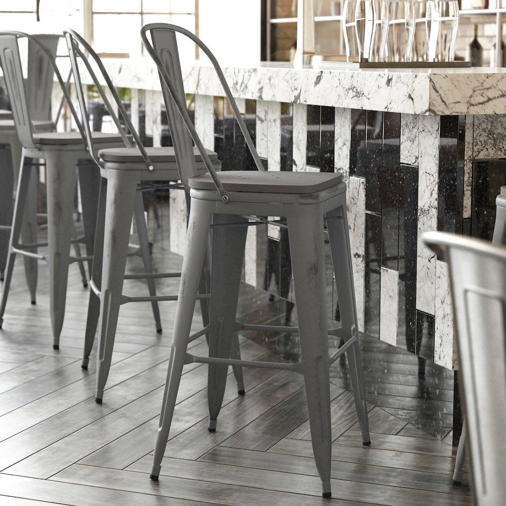 30” High Clear Coated Indoor Barstool with Back and Gray Poly Resin Wood Seat