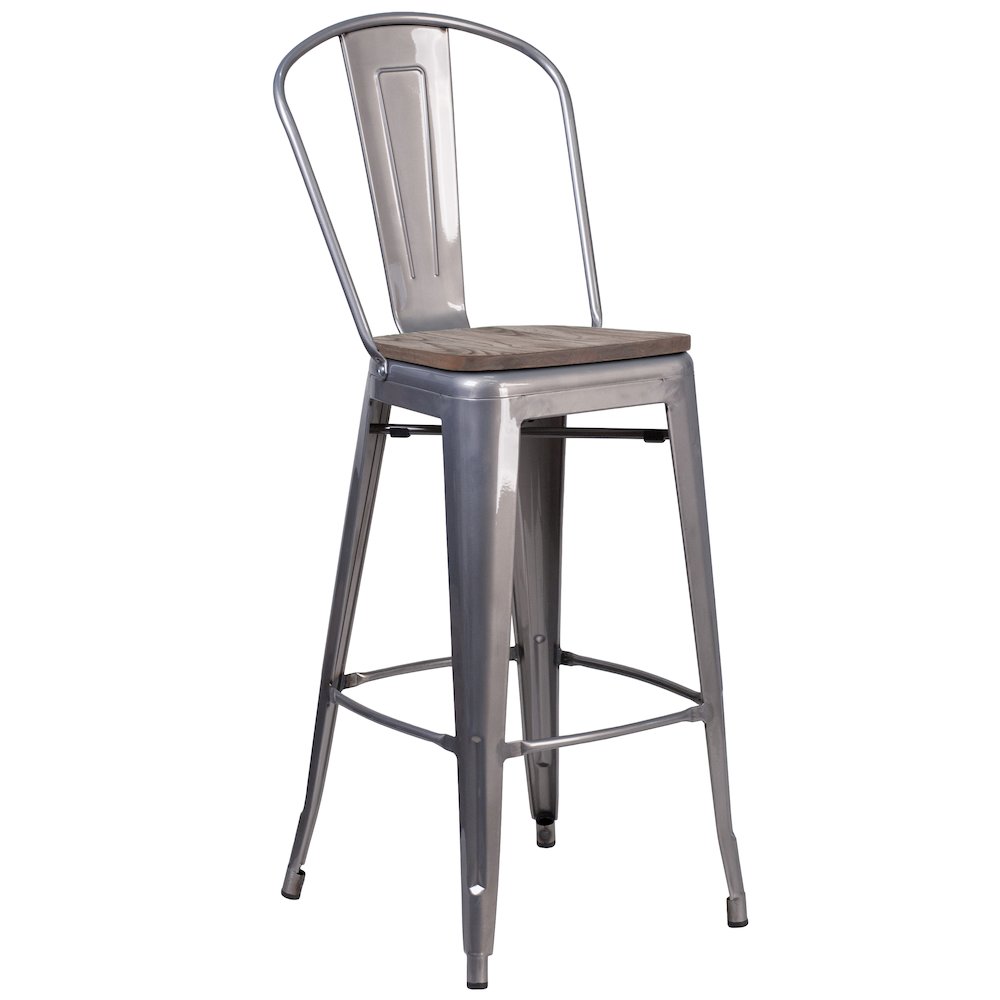 30″ High Clear Coated Barstool with Back and Wood Seat