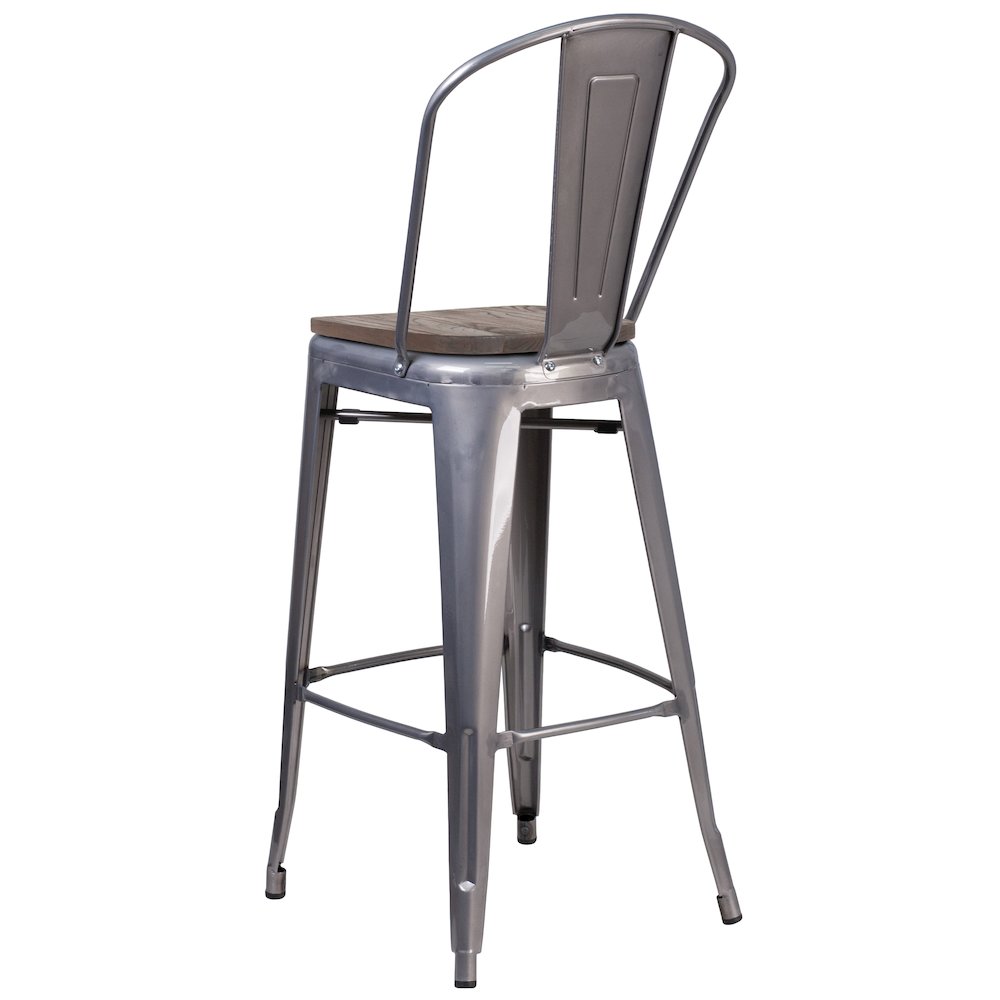 30″ High Clear Coated Barstool with Back and Wood Seat