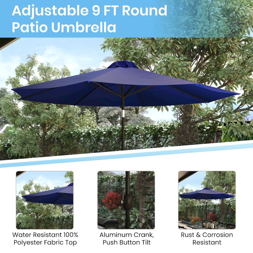 3 Piece Patio Table Set – 30″ x 48″ Patio Table with Navy Umbrella and Base