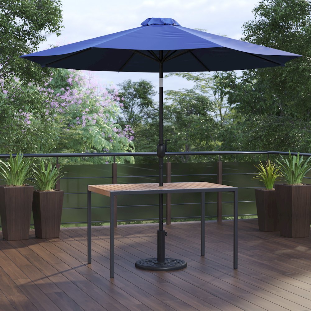 3 Piece Patio Table Set – 30″ x 48″ Patio Table with Navy Umbrella and Base