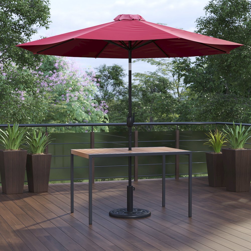 3 Piece Patio Table Set – 30″ x 48″ Patio Table with Red Umbrella and Base
