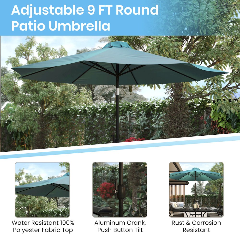 3 Piece Patio Table Set – 30″ x 48″ Patio Table with Teal Umbrella and Base