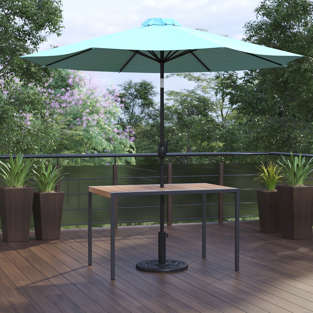 3 Piece Patio Table Set – 30″ x 48″ Patio Table with Teal Umbrella and Base