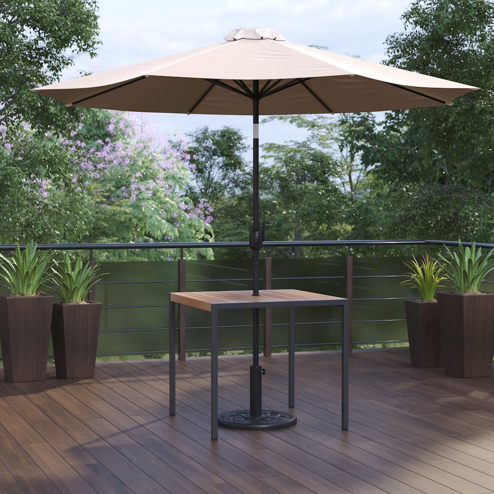 3 Piece Patio Table Set – 35″ Patio Table and Tan Umbrella with Base