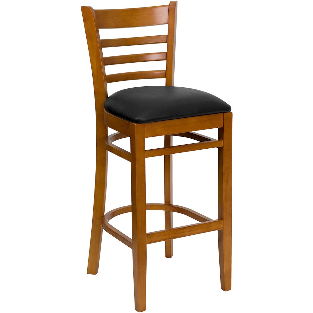 Ladder Back Cherry Wood Restaurant Barstool – Black Vinyl Seat
