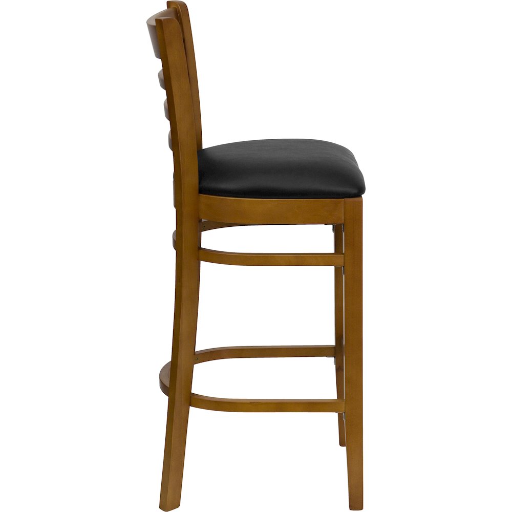 Ladder Back Cherry Wood Restaurant Barstool – Black Vinyl Seat