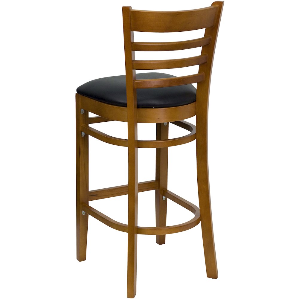Ladder Back Cherry Wood Restaurant Barstool – Black Vinyl Seat