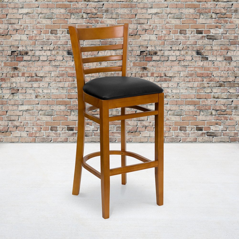 Ladder Back Cherry Wood Restaurant Barstool – Black Vinyl Seat
