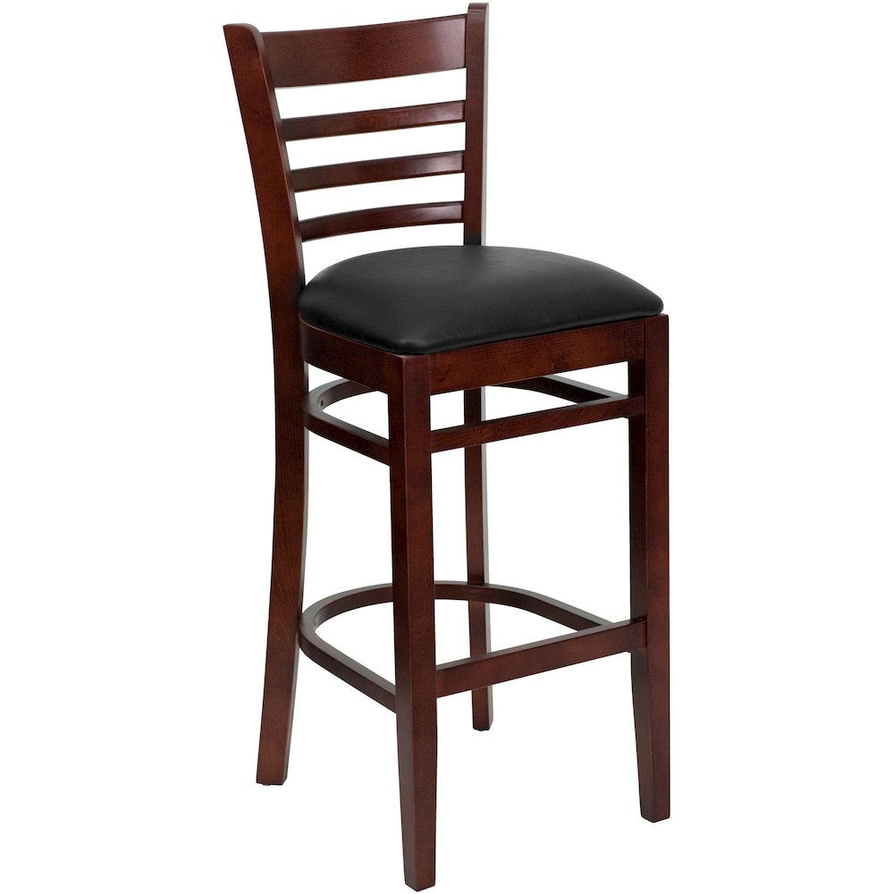 Ladder Back Mahogany Wood Restaurant Barstool – Black Vinyl Seat