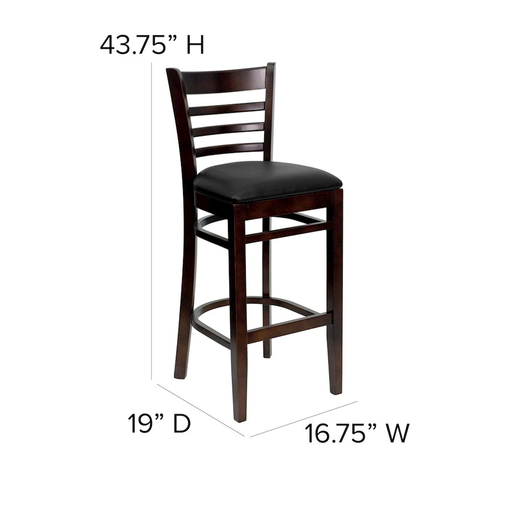 Ladder Back Mahogany Wood Restaurant Barstool – Black Vinyl Seat