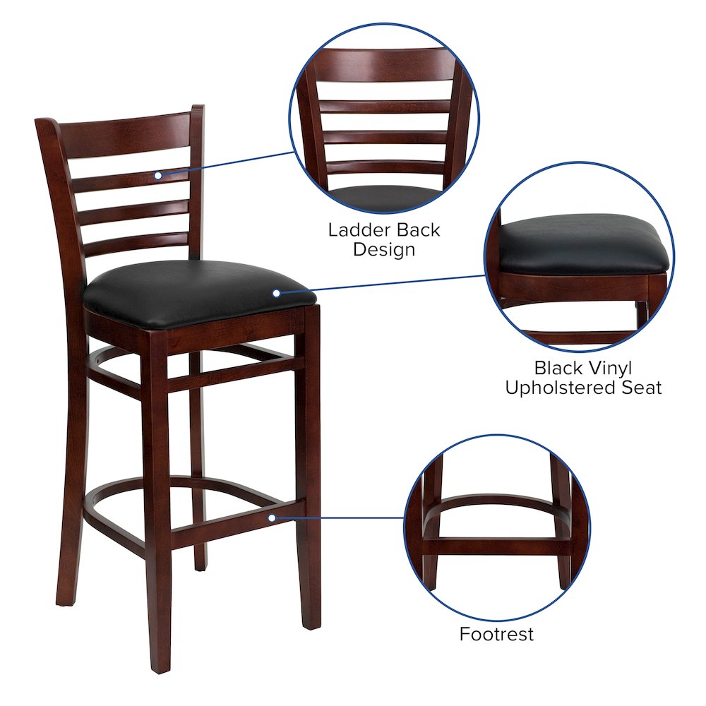 Ladder Back Mahogany Wood Restaurant Barstool – Black Vinyl Seat