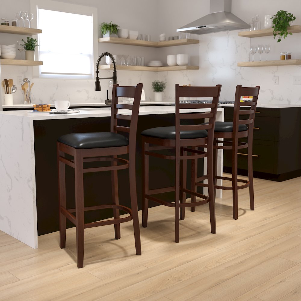 Ladder Back Mahogany Wood Restaurant Barstool – Black Vinyl Seat
