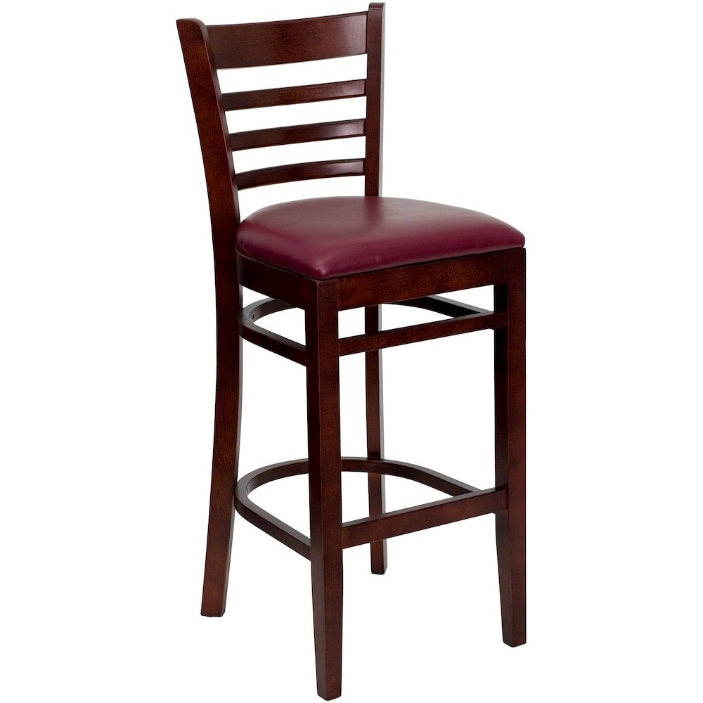 Ladder Back Mahogany Wood Restaurant Barstool – Burgundy Vinyl Seat
