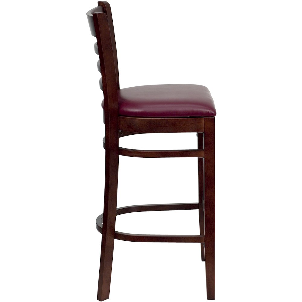 Ladder Back Mahogany Wood Restaurant Barstool – Burgundy Vinyl Seat