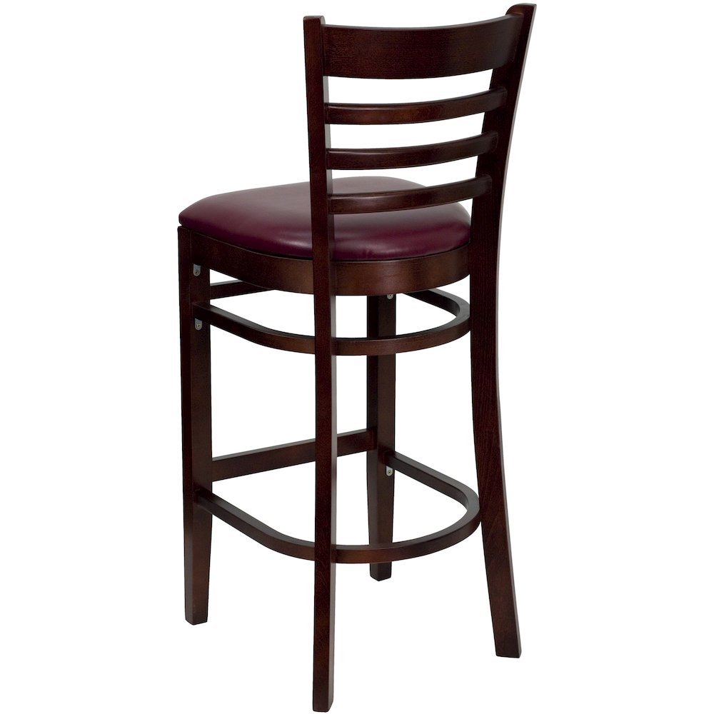 Ladder Back Mahogany Wood Restaurant Barstool – Burgundy Vinyl Seat