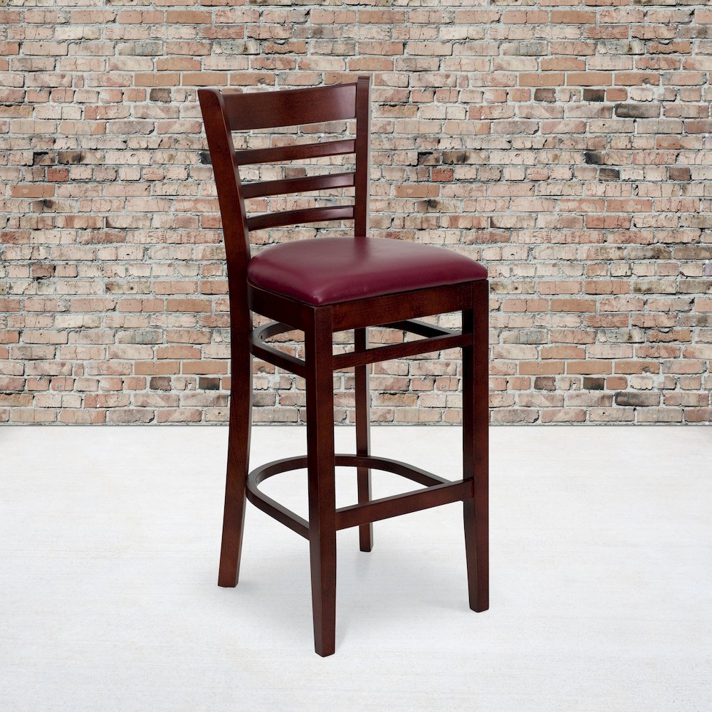 Ladder Back Mahogany Wood Restaurant Barstool – Burgundy Vinyl Seat