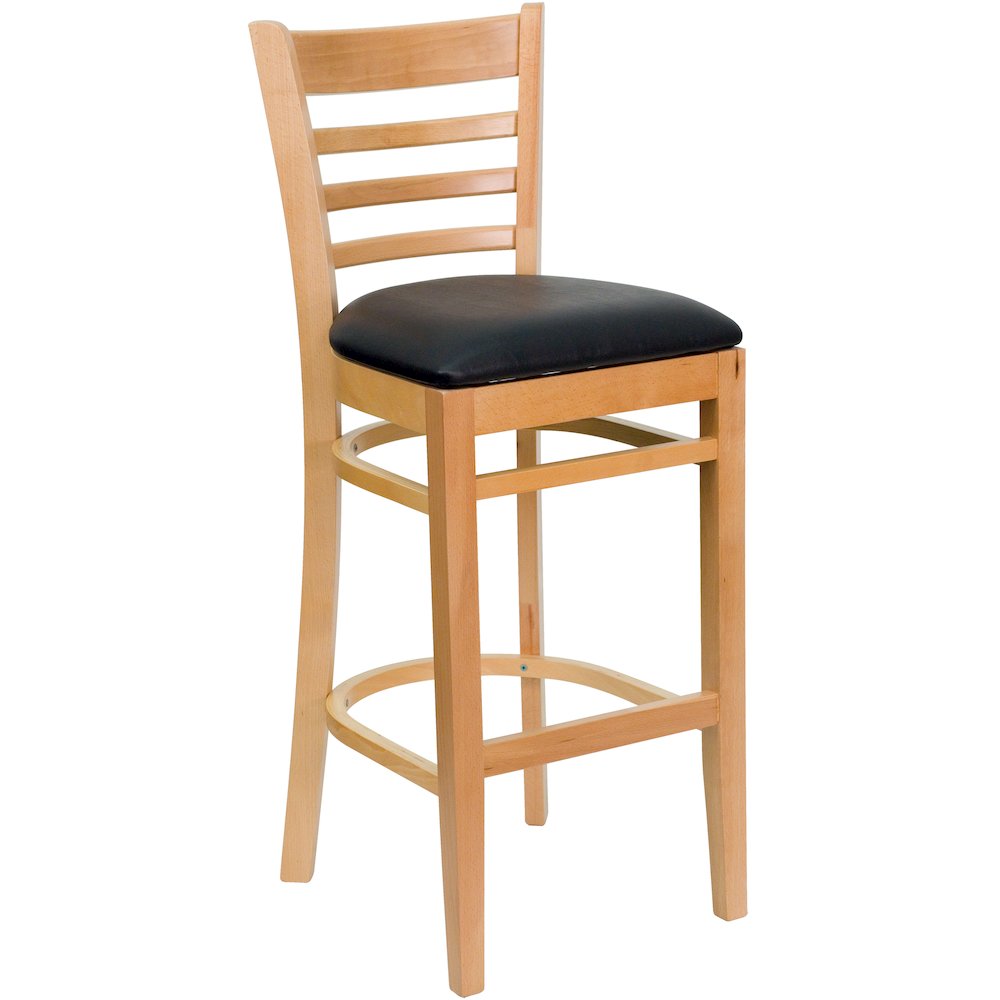 Ladder Back Natural Wood Restaurant Barstool – Black Vinyl Seat