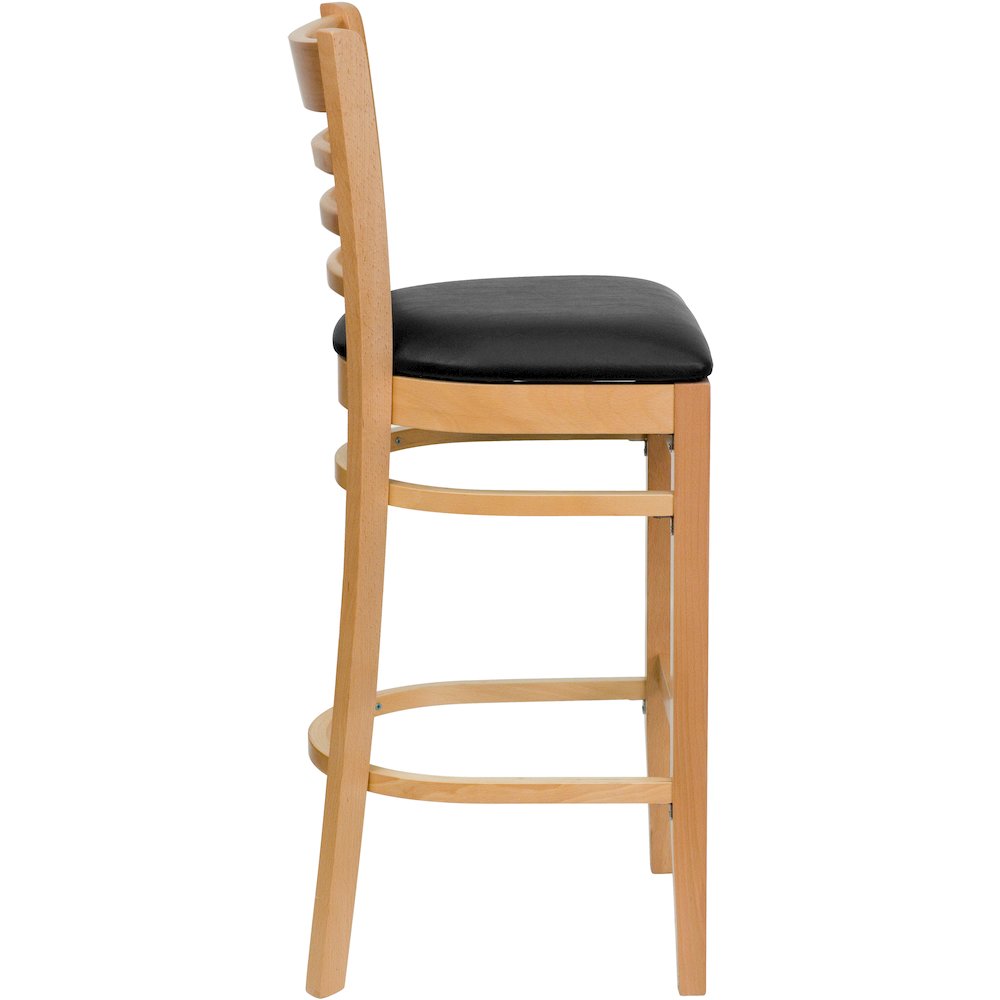 Ladder Back Natural Wood Restaurant Barstool – Black Vinyl Seat