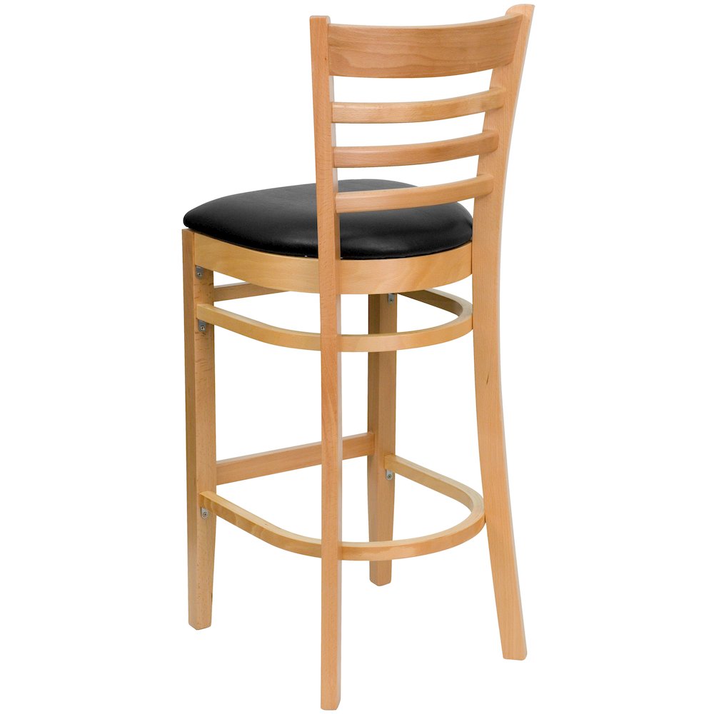 Ladder Back Natural Wood Restaurant Barstool – Black Vinyl Seat