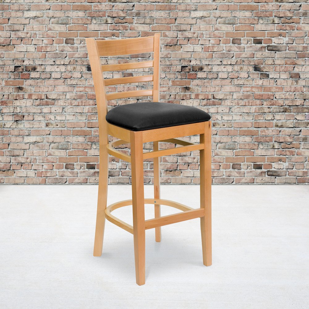 Ladder Back Natural Wood Restaurant Barstool – Black Vinyl Seat