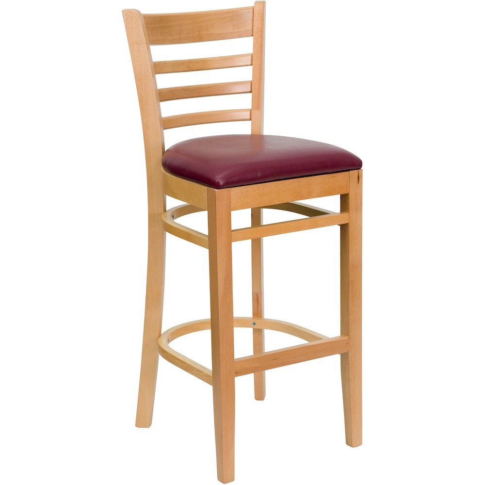 Ladder Back Natural Wood Restaurant Barstool – Burgundy Vinyl Seat