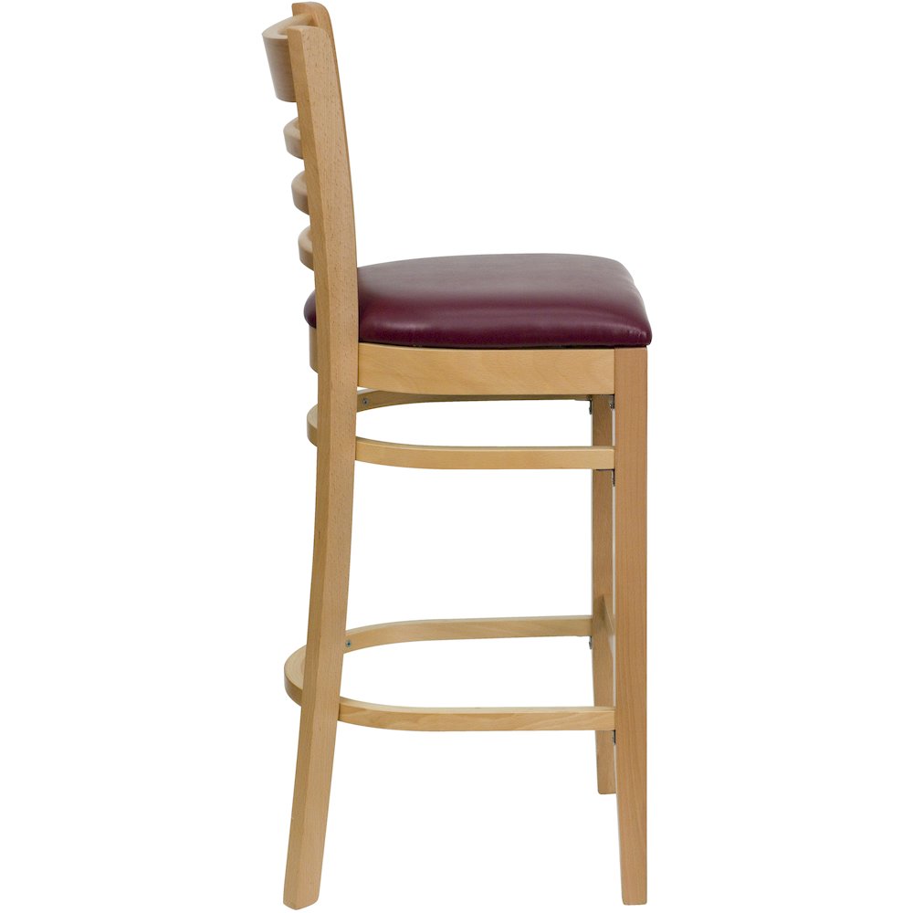 Ladder Back Natural Wood Restaurant Barstool – Burgundy Vinyl Seat