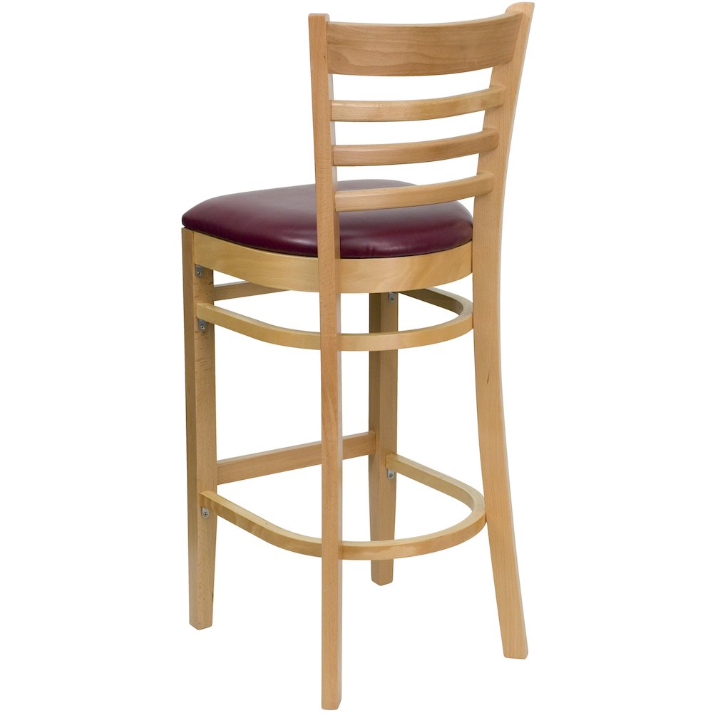 Ladder Back Natural Wood Restaurant Barstool – Burgundy Vinyl Seat