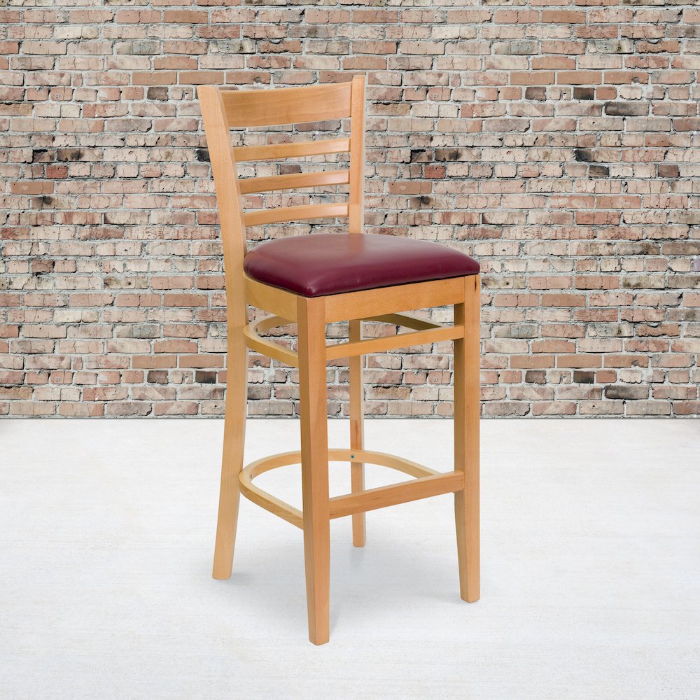 Ladder Back Natural Wood Restaurant Barstool – Burgundy Vinyl Seat