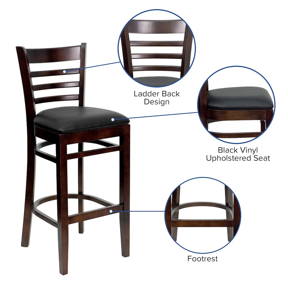 Ladder Back Walnut Wood Restaurant Barstool – Black Vinyl Seat