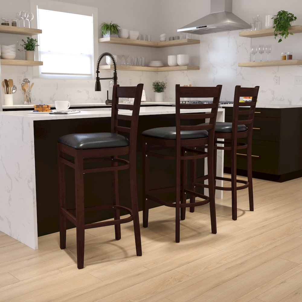 Ladder Back Walnut Wood Restaurant Barstool – Black Vinyl Seat