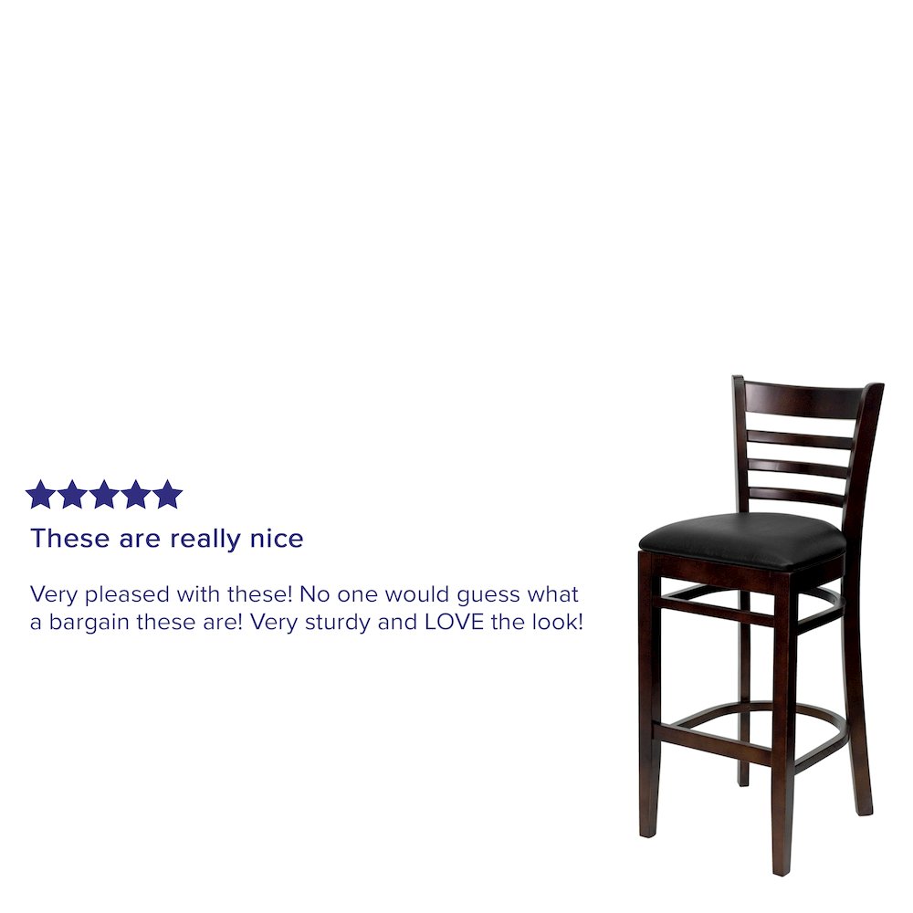 Ladder Back Walnut Wood Restaurant Barstool – Black Vinyl Seat