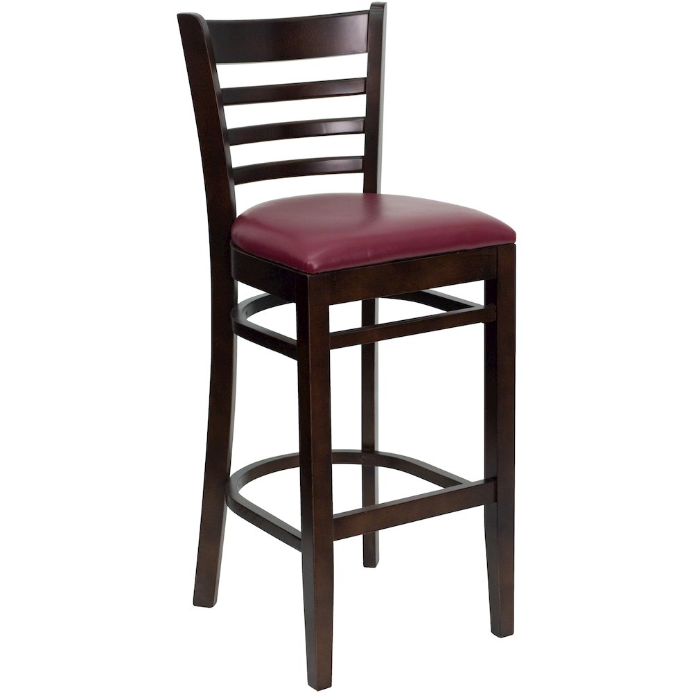 Ladder Back Walnut Wood Restaurant Barstool – Burgundy Vinyl Seat