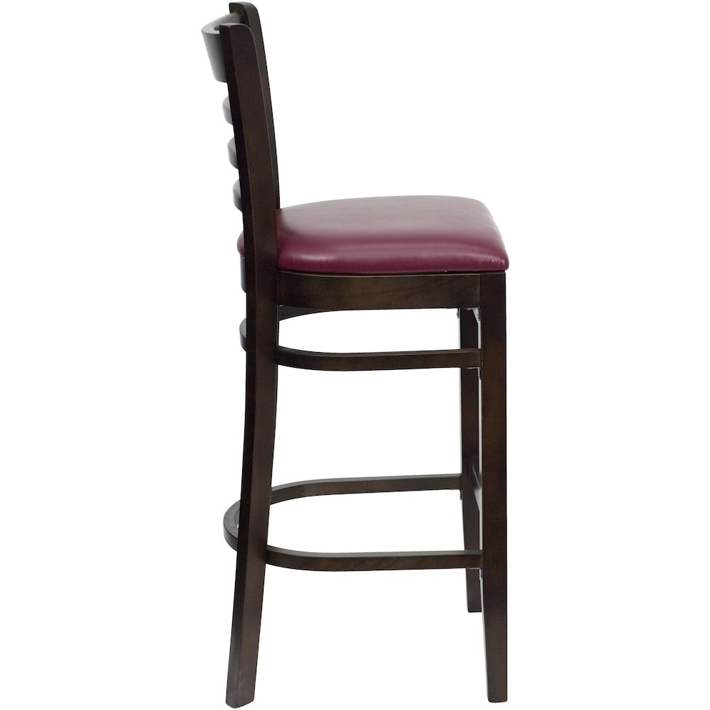Ladder Back Walnut Wood Restaurant Barstool – Burgundy Vinyl Seat
