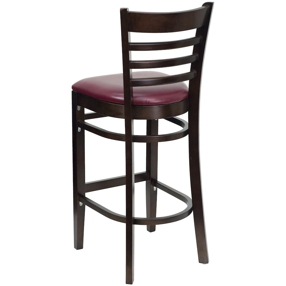 Ladder Back Walnut Wood Restaurant Barstool – Burgundy Vinyl Seat