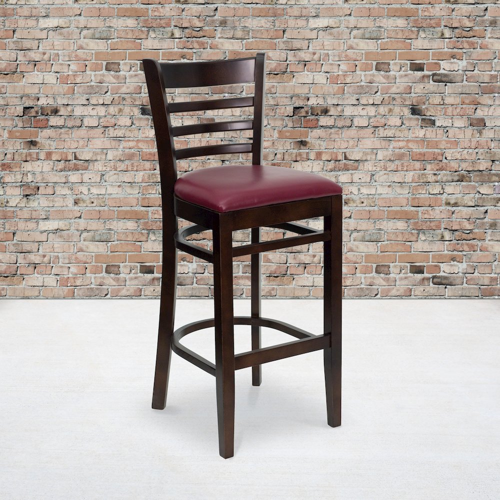 Ladder Back Walnut Wood Restaurant Barstool – Burgundy Vinyl Seat