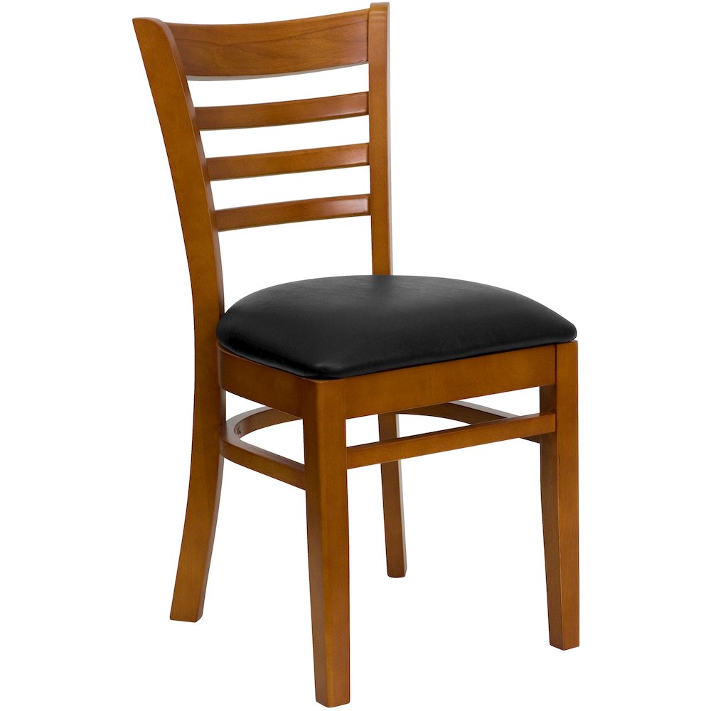 Ladder Back Cherry Wood Restaurant Chair – Black Vinyl Seat